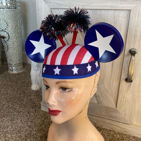 Disney Mickey Mouse Red White & Blue Ears Pom Poms Elastic Strap 4th of July - Picture 5 of 10